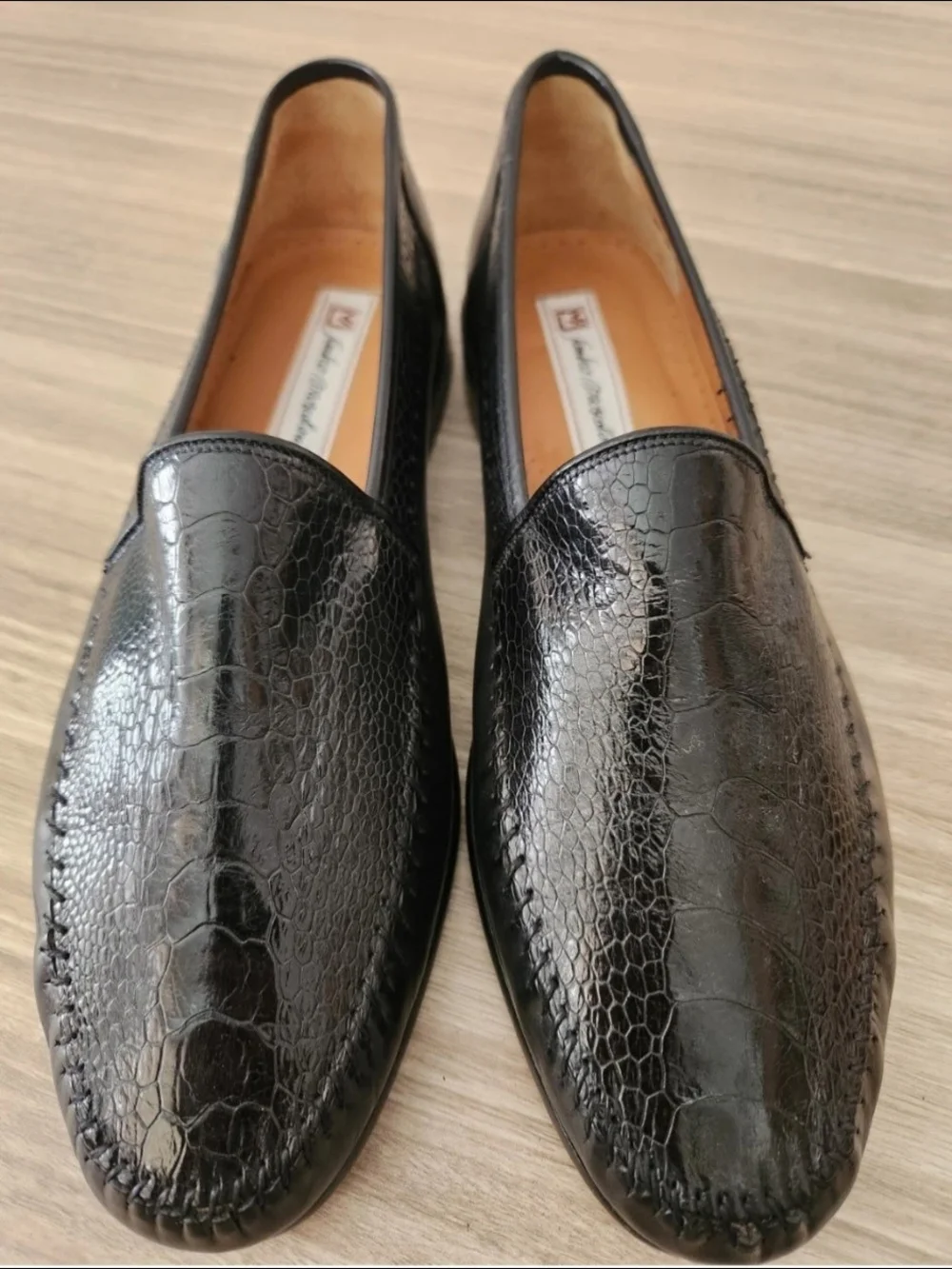 Luxury Sandro Moscoloni Black Ostrich Leather Slip-On Loafers Made In Spain 9.5
